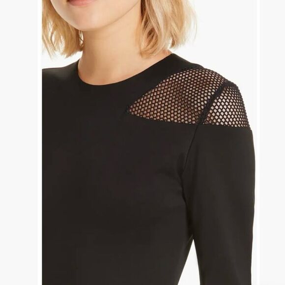 Alice + Olivia Kaine Mesh Insert Asymmetrical Hem Midi Dress Black Size 2 - Picture 5 of 16